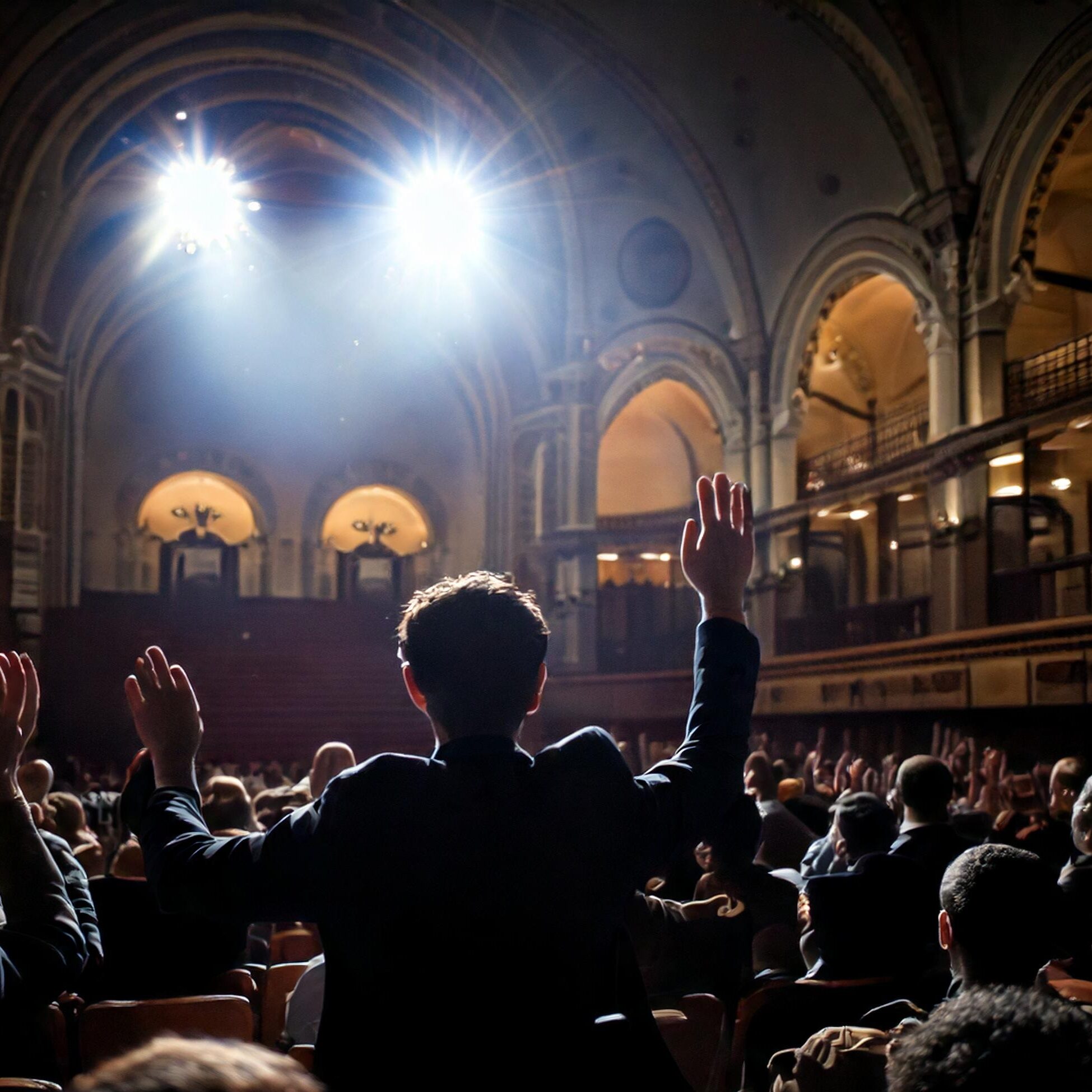 Firefly vorrei una foto realistica di pubblico (non troppo numeroso) in teatro che applaude un conce